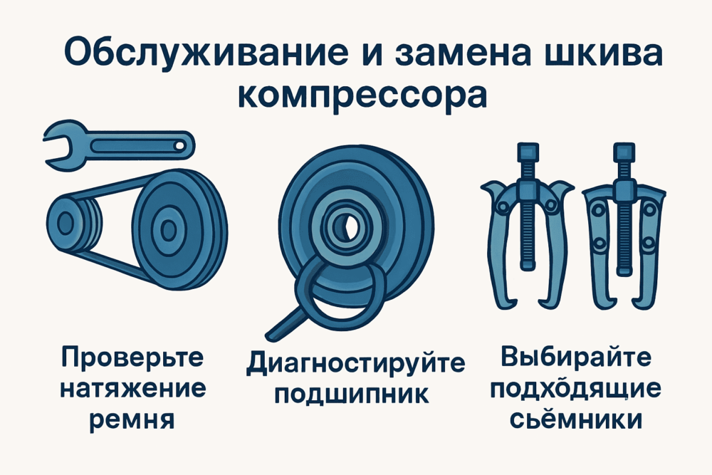 Обслуживание и замена шкива компрессора Инфографика с советами по обслуживанию и замене шкива компрессора, включая проверку натяжения ремня, диагностику подшипника и правильный выбор съемников