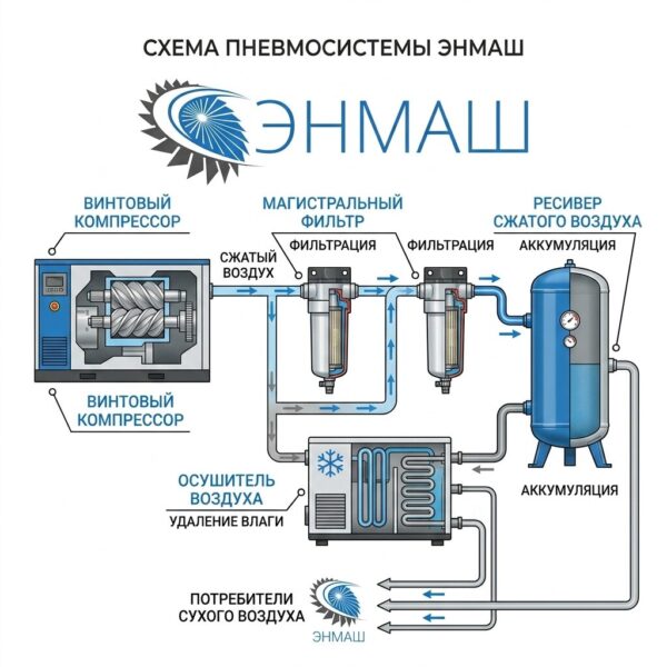 Схема подключения: компрессор, ресивер и осушитель в единой линии
